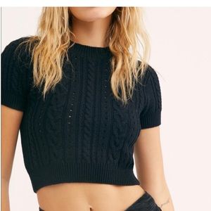 FREE PEOPLE Black Cable Knit Cropped Sweater With Stretch Women's Size XS